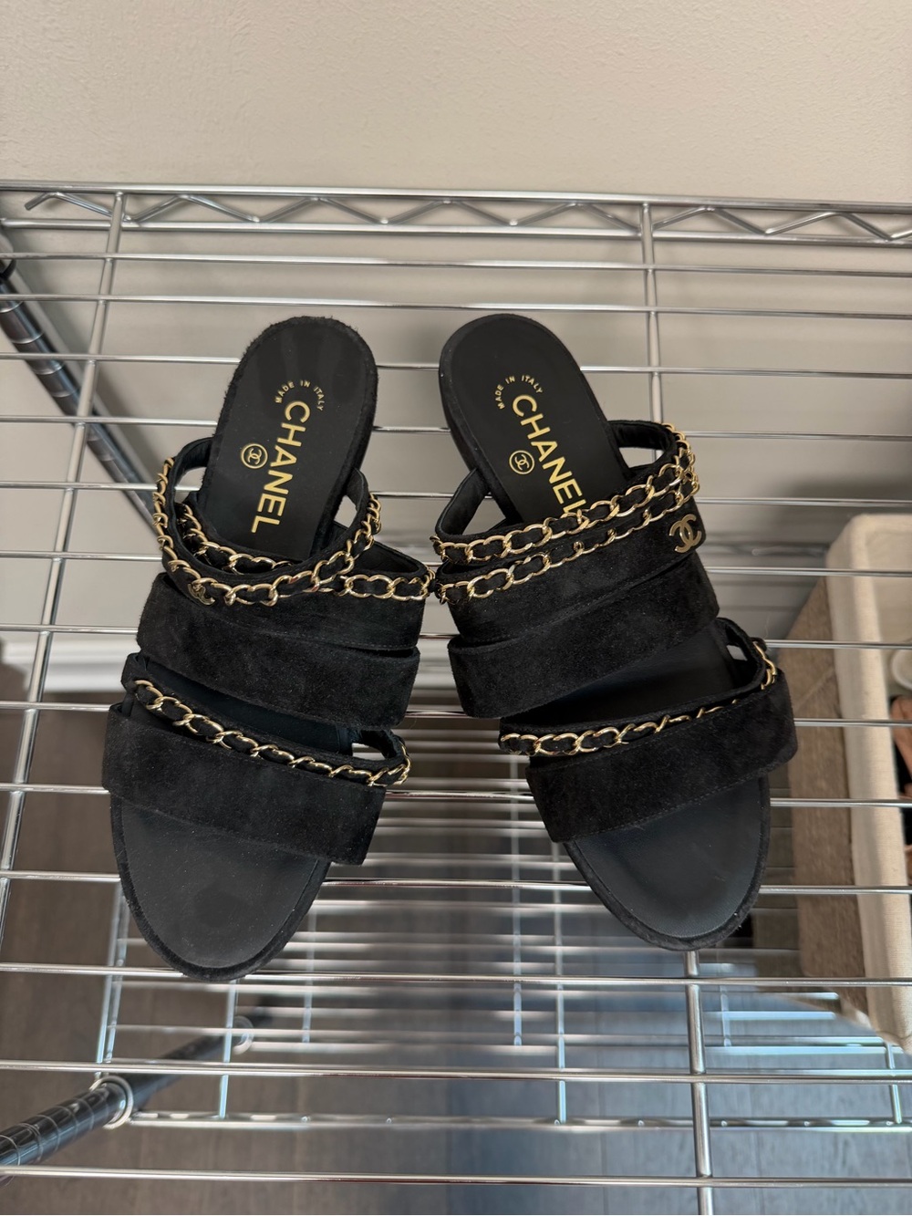 CHANEL Black Suede Chain-Trim Mules